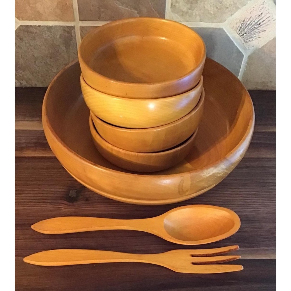 Vintage Wolverine Grand Rapids Wood Salad Bowl Set 7pc Cottagecore Farmhouse MCM - Picture 2 of 16